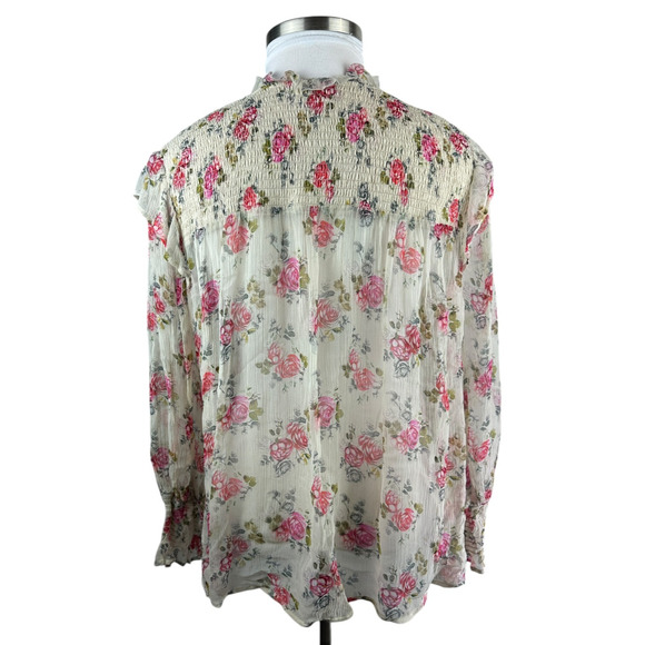 Sundance Amelia Floral Sheer Smocked Blouse Prairie Cottage Button Top Large - Picture 7 of 16